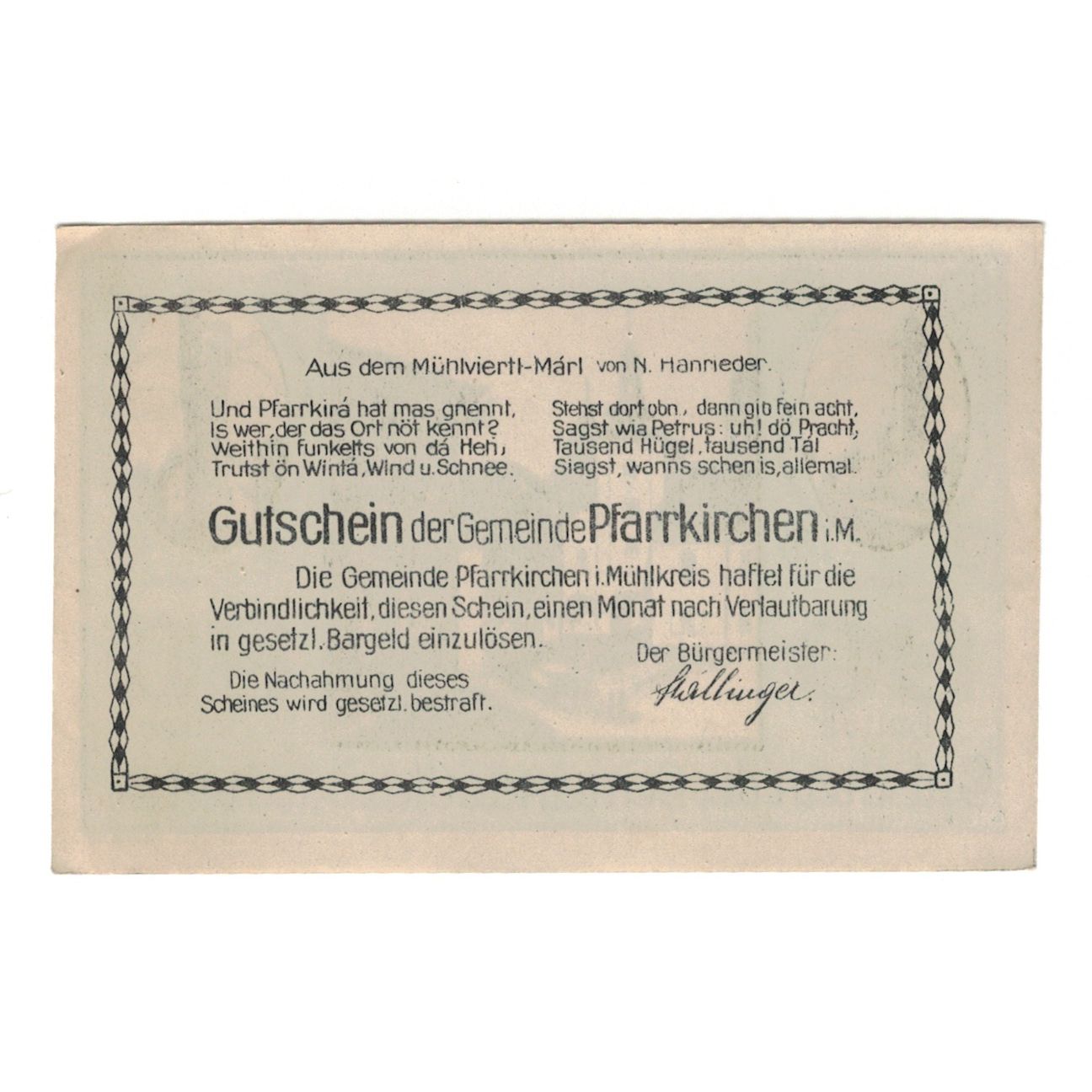 Geldschein, Österreich, Pfarrkirchen im Mühlkreis O.Ö. Gemeinde, 80 Heller