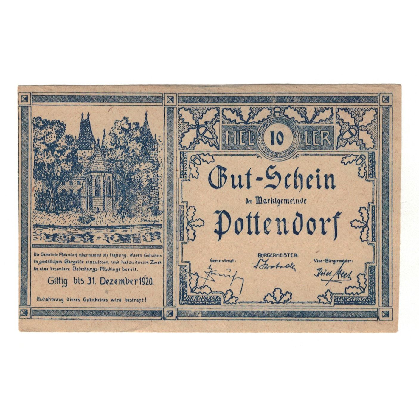 Banknote, Austria, Pottendorf Marktgemeinde, 10 Heller, N.D, 1920, 1920-12-31