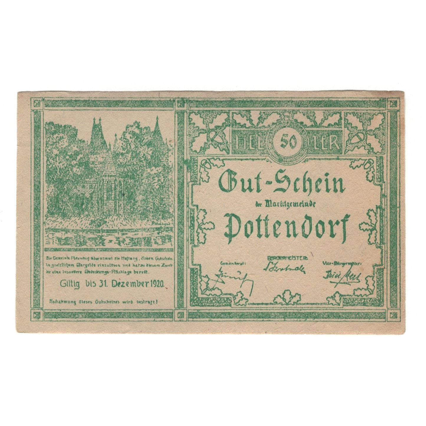 Nota, Áustria, Pottendorf Marktgemeinde, 50 Heller, N.D, 1920, 1920-12-31