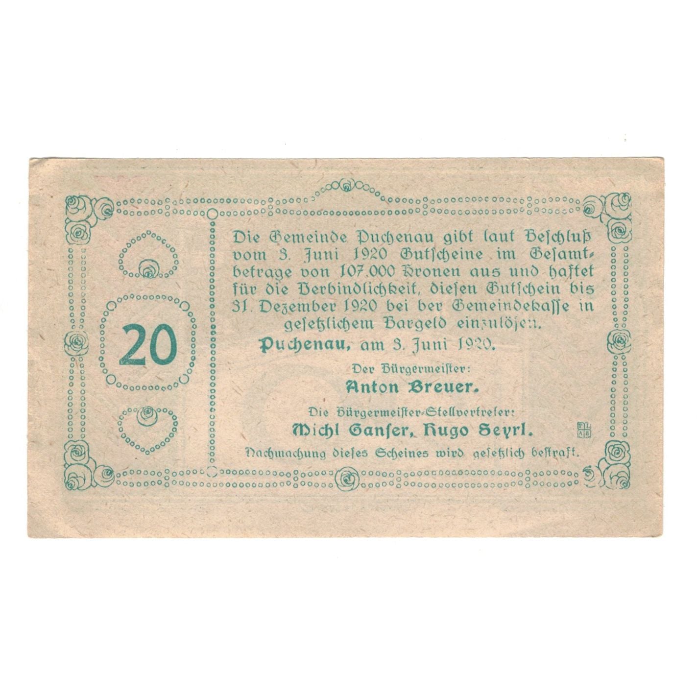 Geldschein, Österreich, Puchenau O.Ö. Gemeinde, 20 Heller, Texte, 1920