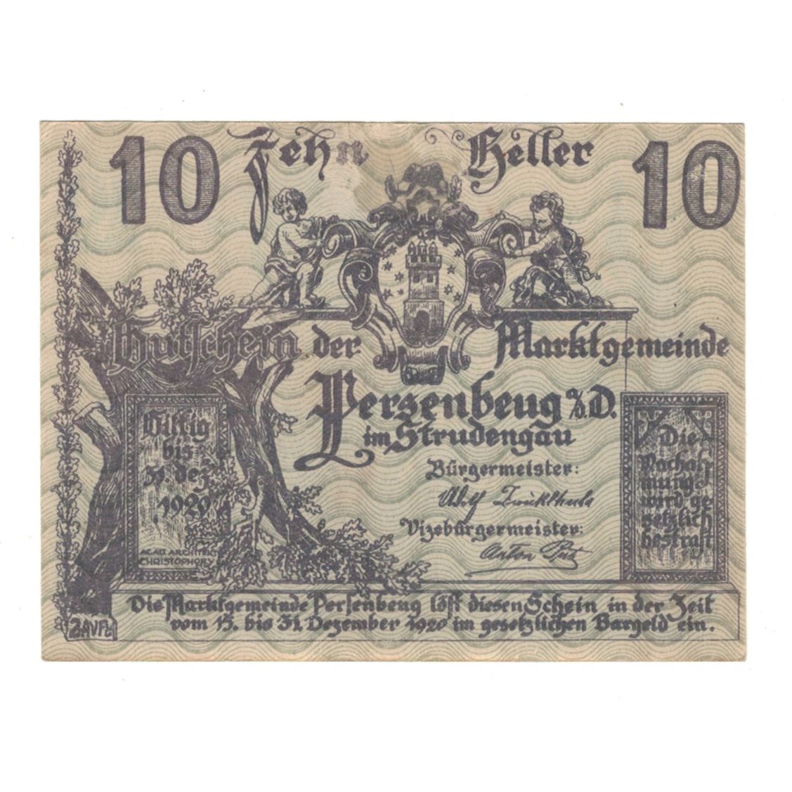 Banknote, Austria, Persenbeug N.Ö. Marktgemeinde, 10 Heller, paysage, 1920