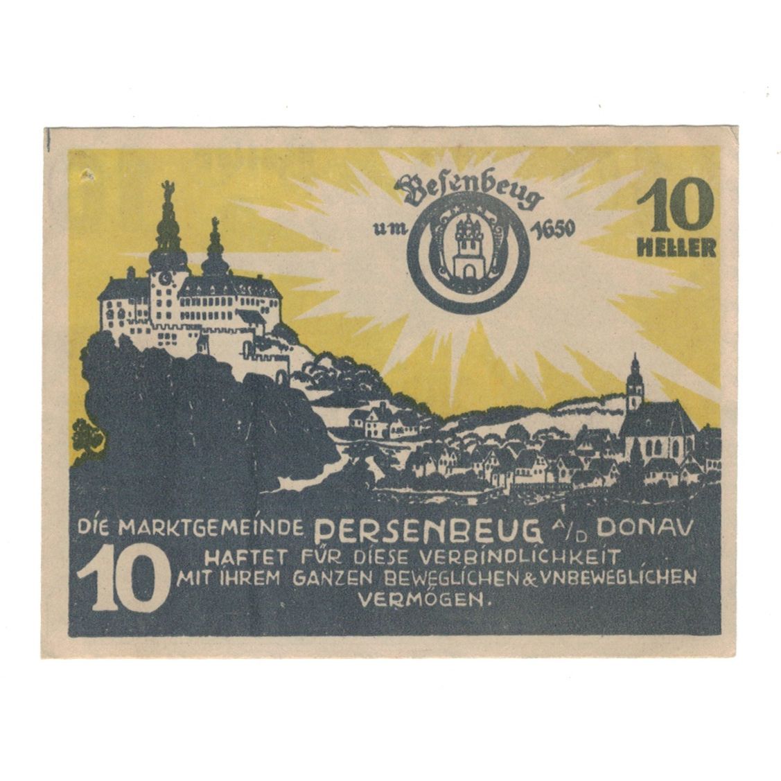 Banknote, Austria, Persenbeug N.Ö. Marktgemeinde, 10 Heller, paysage, 1920