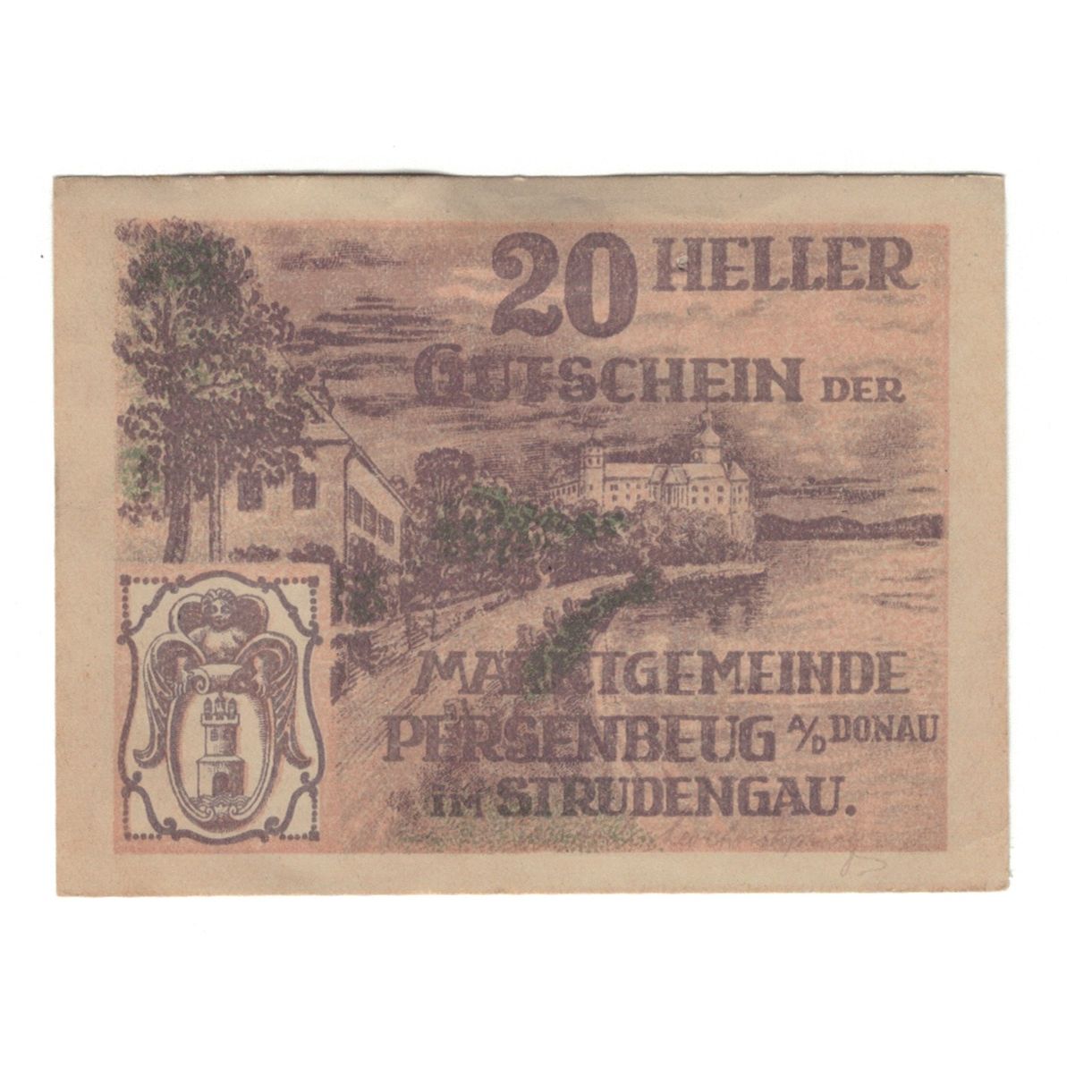 Banknote, Austria, Persenbeug N.Ö. Marktgemeinde, 20 Heller, route, 1920