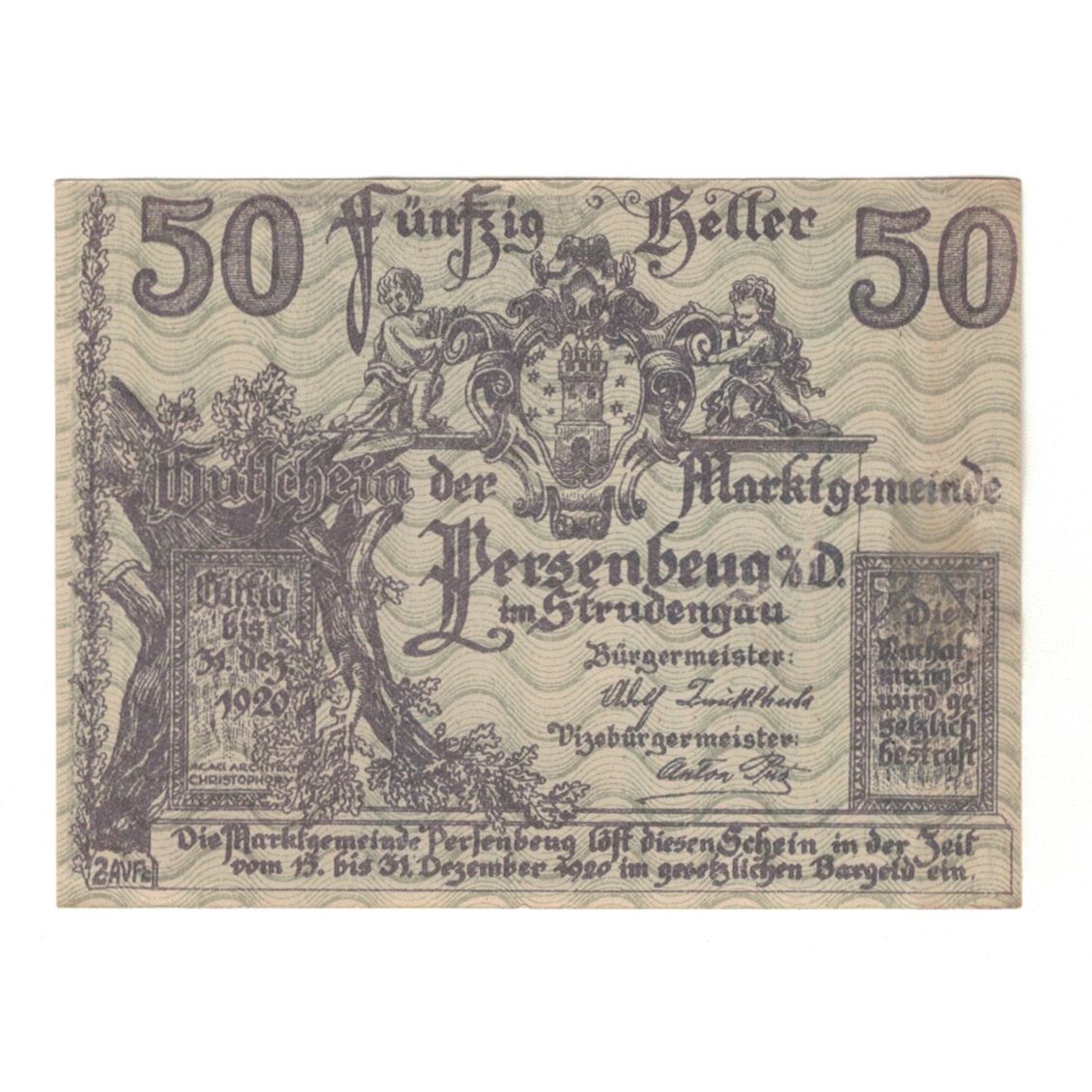 Banknote, Austria, Persenbeug N.Ö. Marktgemeinde, 50 Heller, paysage, 1920