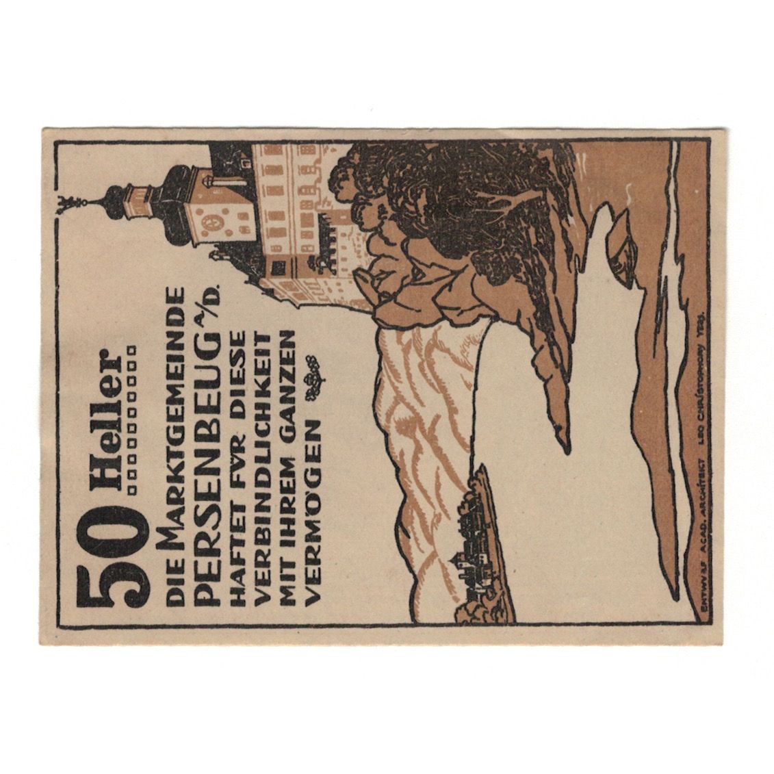 Banknote, Austria, Persenbeug N.Ö. Marktgemeinde, 50 Heller, paysage, 1920