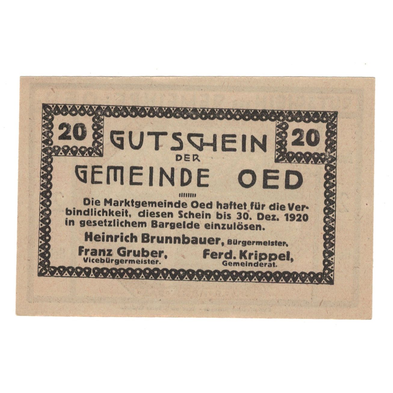 Banknote, Austria, Oed N.Ö. Marktgemeinde, 20 Heller, Texte, 1920, 1920-12-31