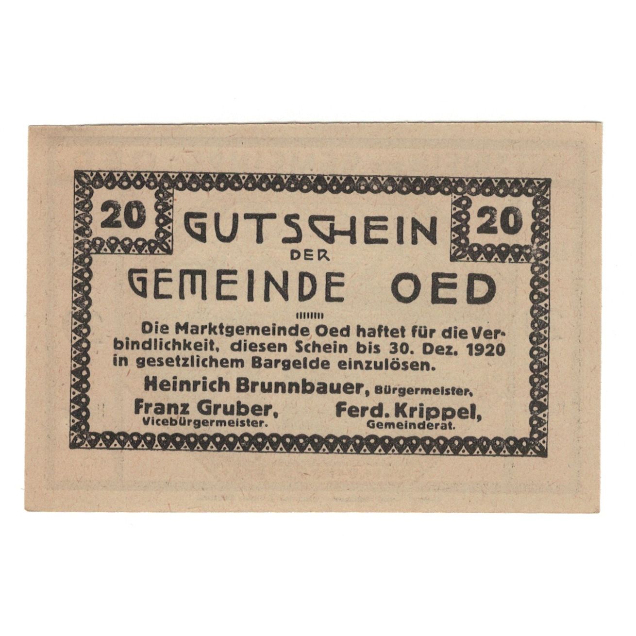 Banknote, Austria, Oed N.Ö. Marktgemeinde, 20 Heller, texte 1, 1920