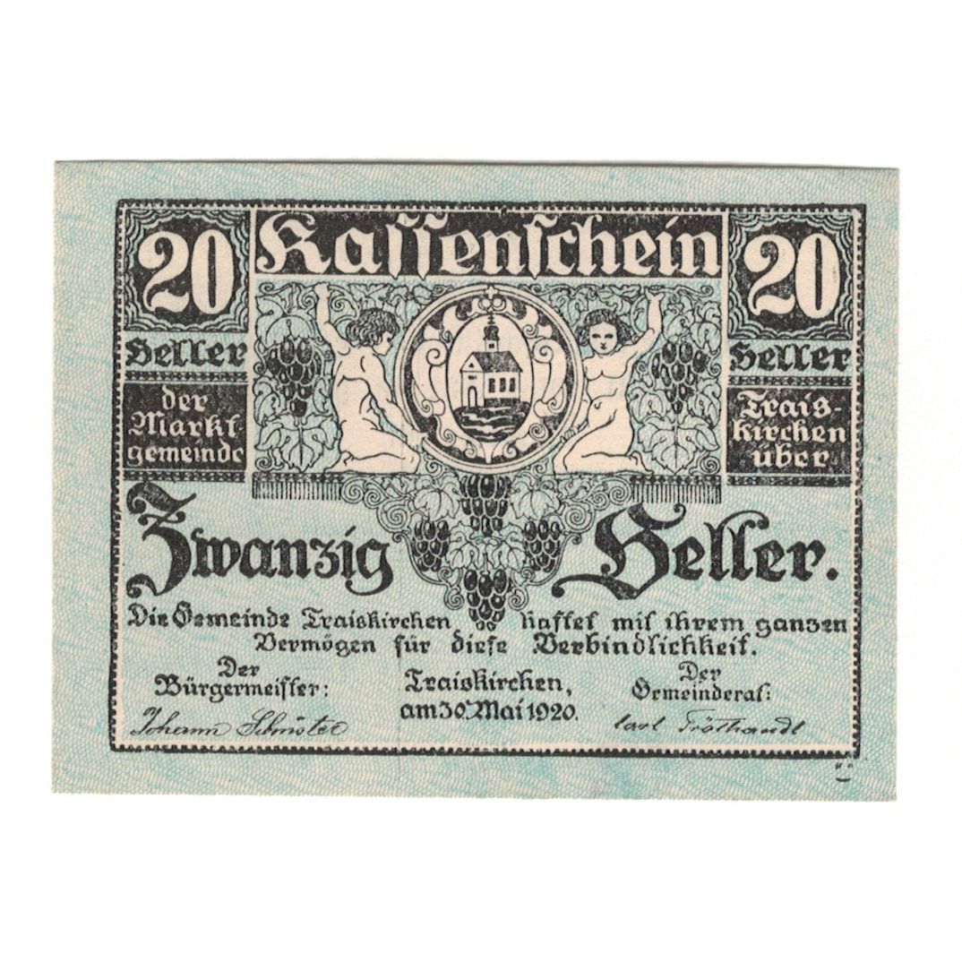 Banknote, Austria, Traiskirchen N.Ö. Marktgemeinde, 20 Heller, Texte, 1921