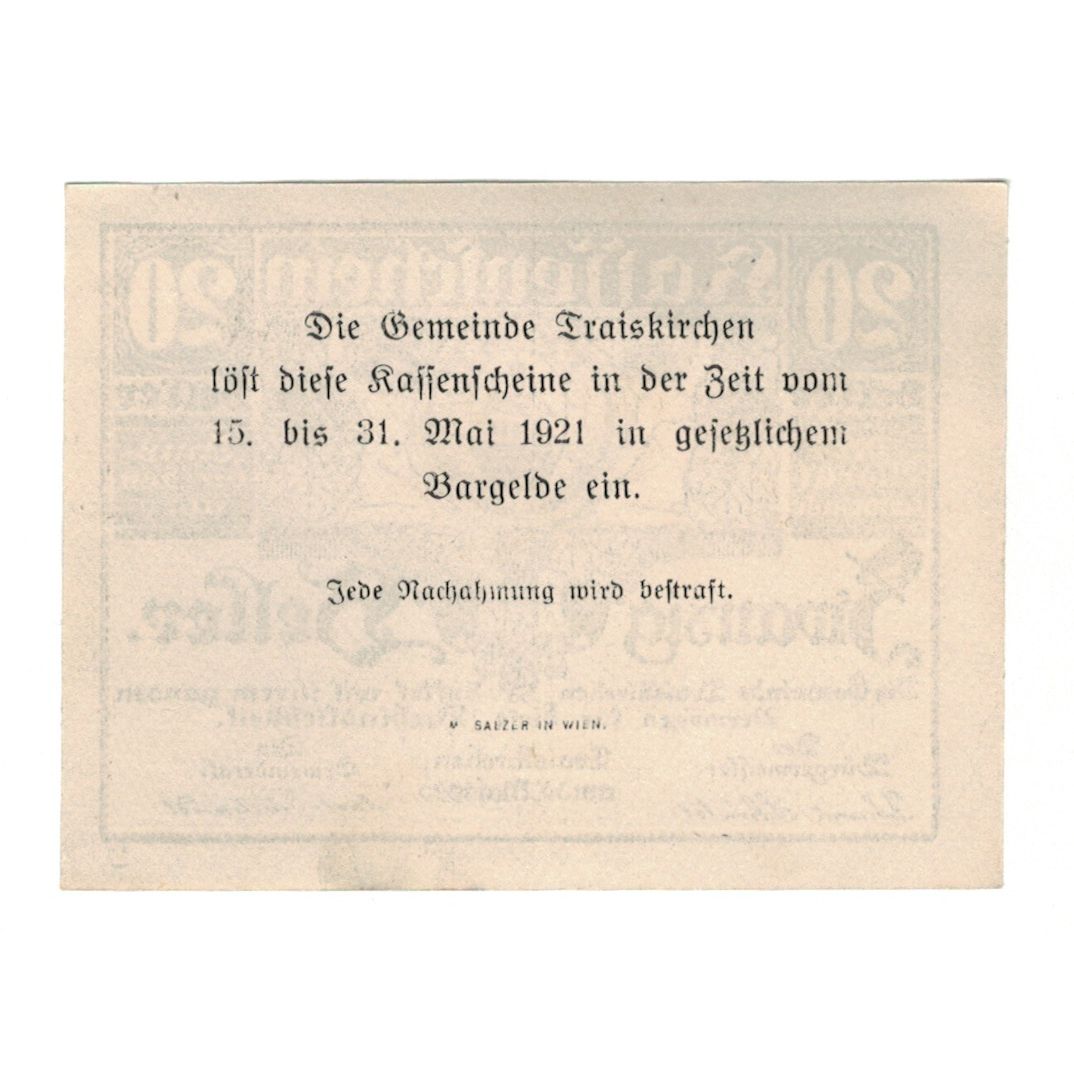Banknote, Austria, Traiskirchen N.Ö. Marktgemeinde, 20 Heller, Texte, 1921