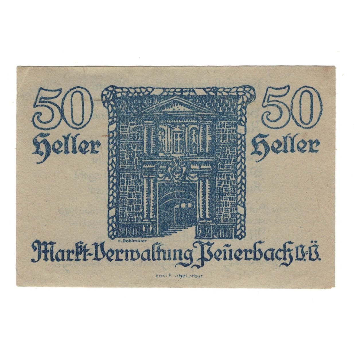 Banknote, Austria, Peuerbach O.Ö. Prv. Marktverwaltung, 50 Heller, Texte, 1920