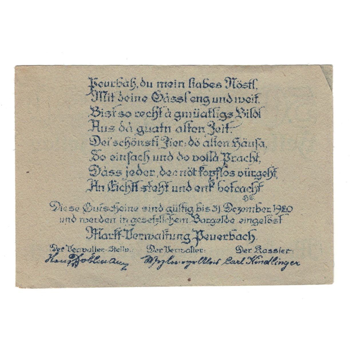 Banknote, Austria, Peuerbach O.Ö. Prv. Marktverwaltung, 50 Heller, Texte, 1920