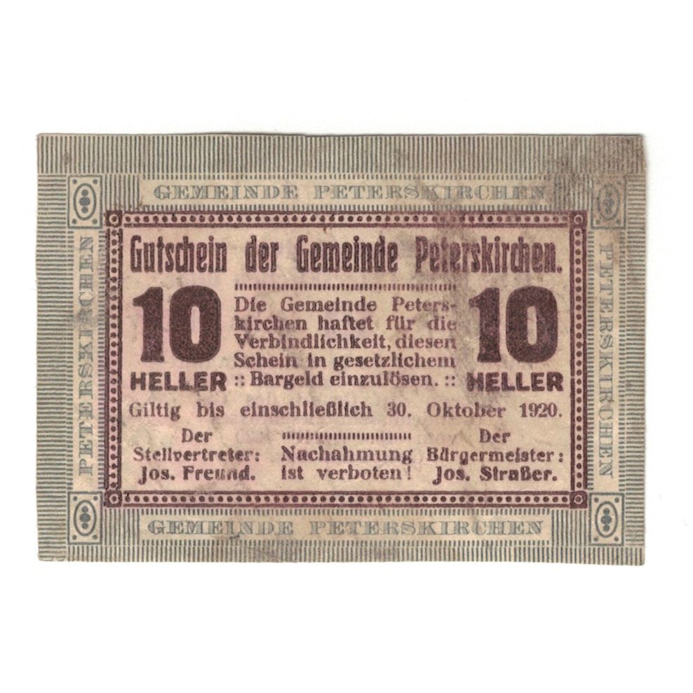 Banknote, Austria, Peterskirchen O.Ö. Gemeinde, 10 Heller, Texte, 1920