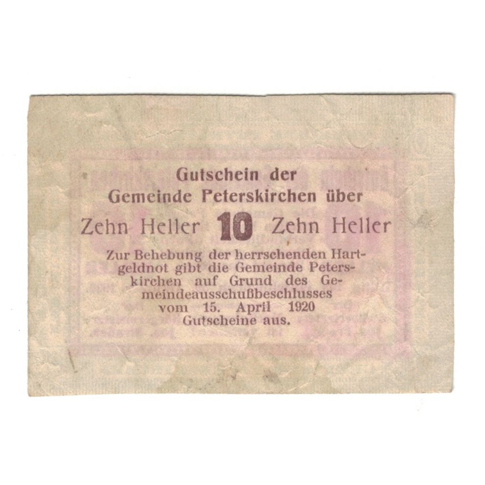Banknote, Austria, Peterskirchen O.Ö. Gemeinde, 10 Heller, Texte, 1920