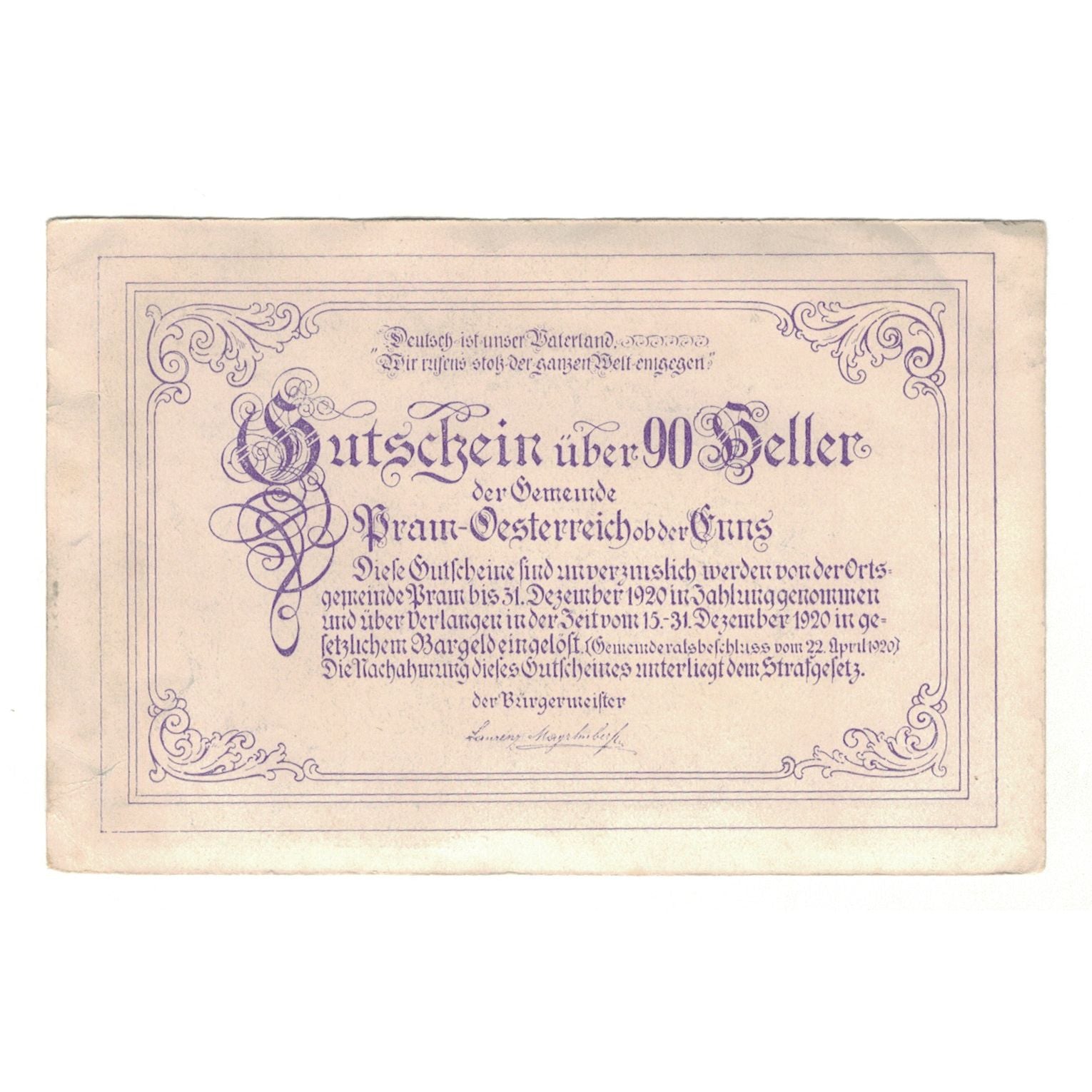 Banknot, Austria, Pram O.Ö. Gemeinde, 90 Heller, Texte, 1920, 1920-12-31