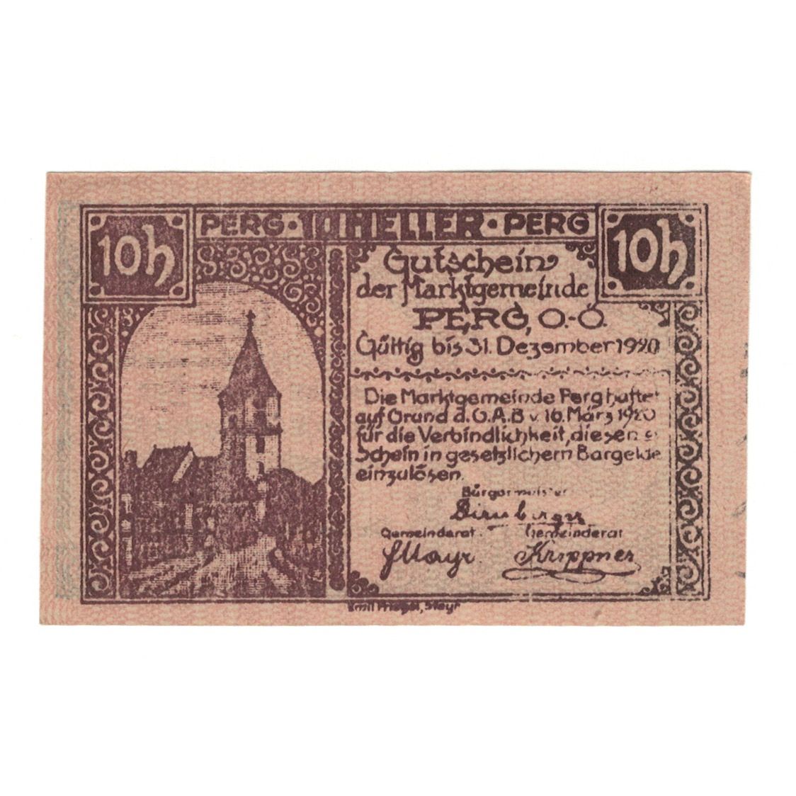 Banknote, Austria, Perg O.Ö. Marktgemeinde, 10 Heller, personnage, 1920