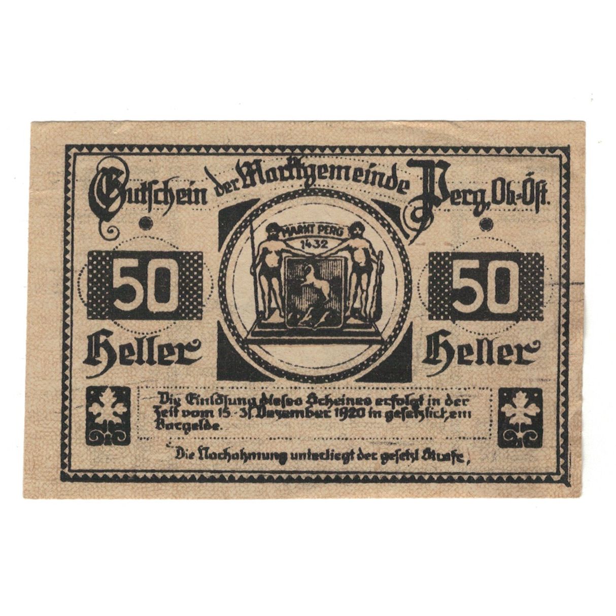 Banknote, Austria, Perg O.Ö. Marktgemeinde, 50 Heller, village, 1920