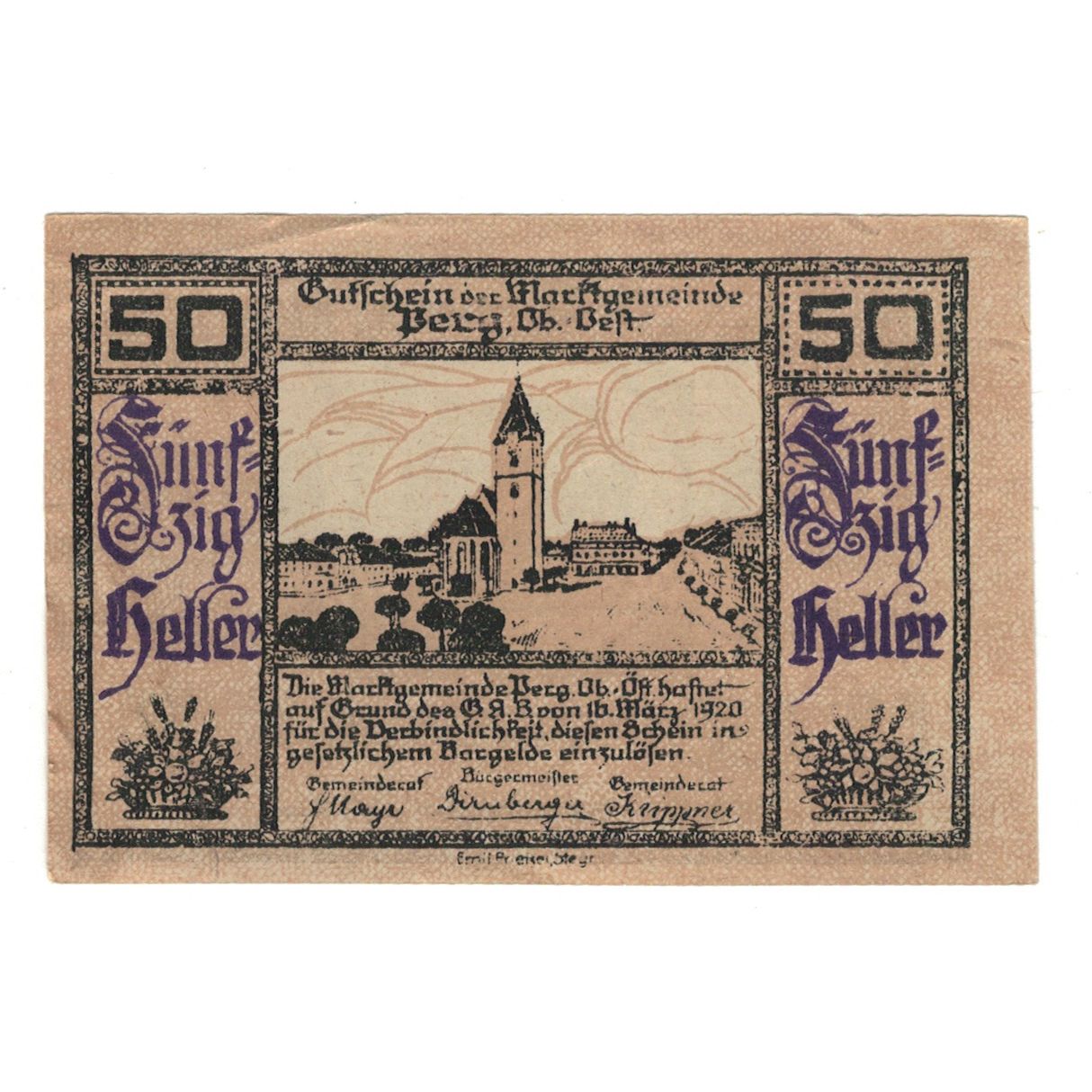 Banknote, Austria, Perg O.Ö. Marktgemeinde, 50 Heller, village, 1920