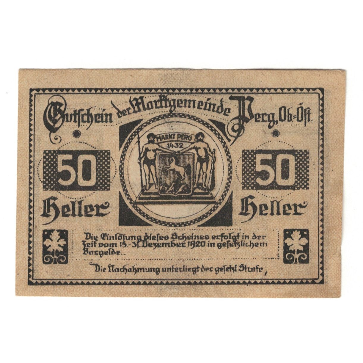 Billet, Autriche, Perg O.Ö. Marktgemeinde, 50 Heller, village 1, 1920