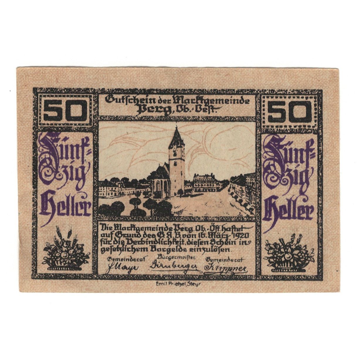 Billet, Autriche, Perg O.Ö. Marktgemeinde, 50 Heller, village 1, 1920