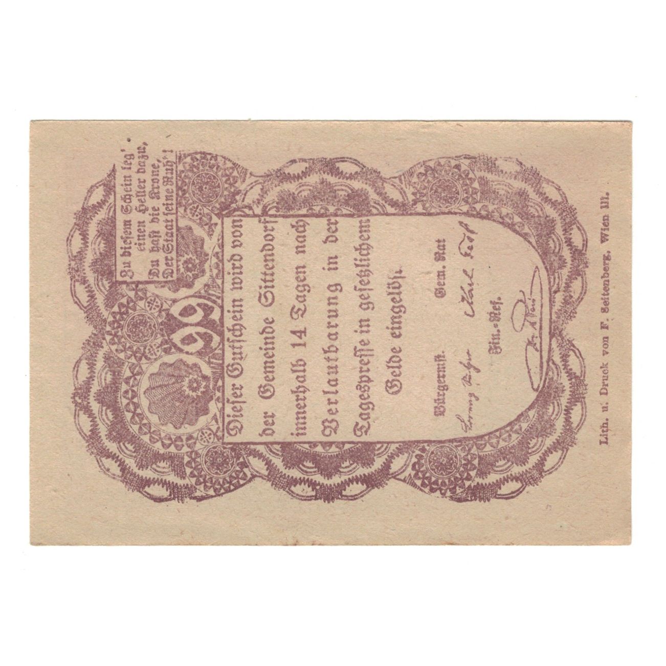 Banconote, Austria, Sittendorf N.Ö. Gemeinde, 99 Heller, texte 1, SPL-, Mehl:FS