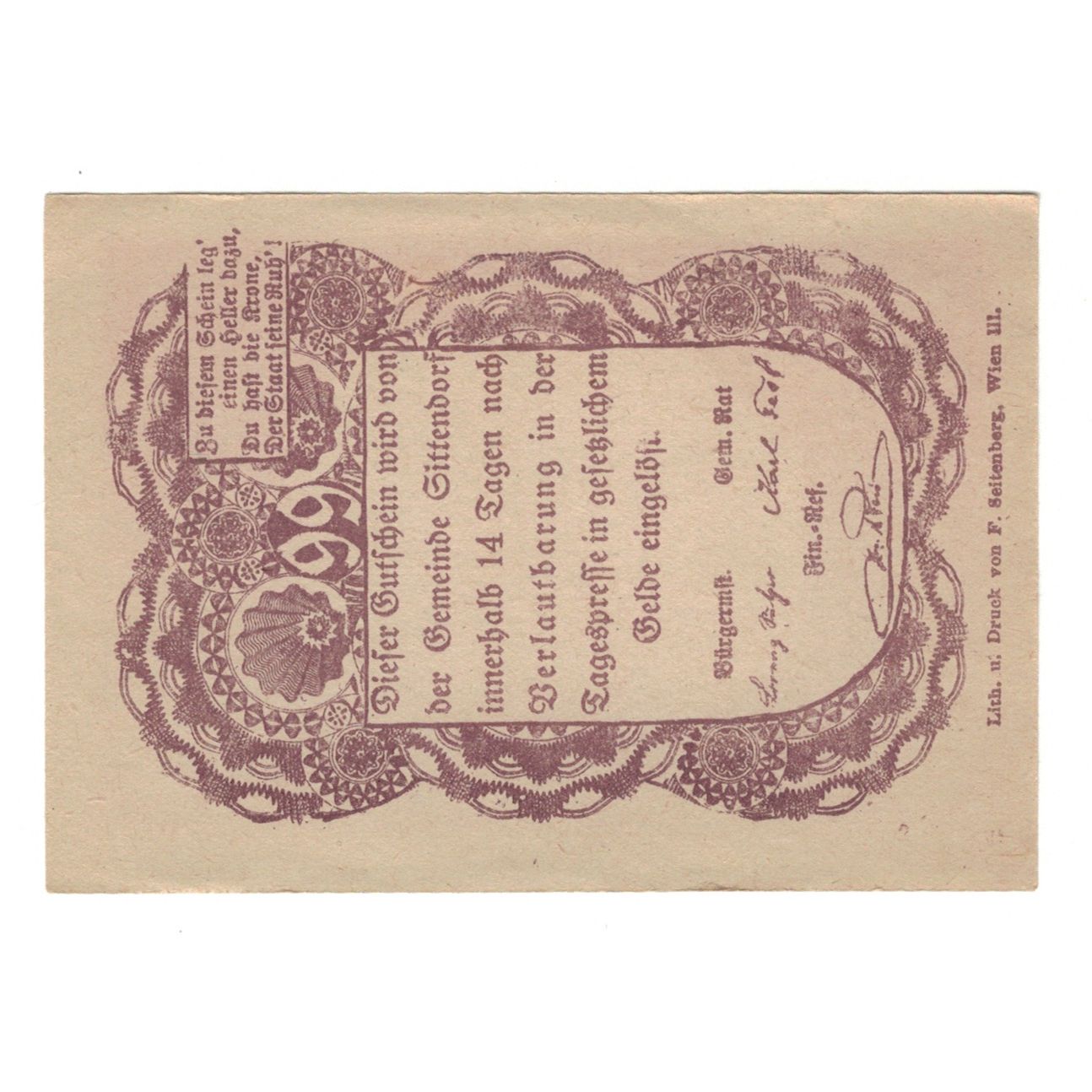 Banknote, Austria, Sittendorf N.Ö. Gemeinde, 99 Heller, Texte 2, AU(55-58)