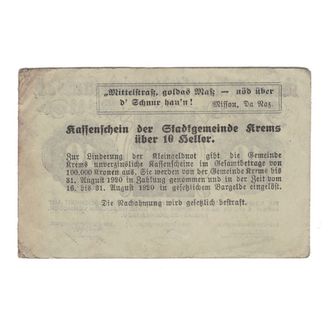 Banknote, Austria, Krems N.Ö. Stadtgemeinde, 10 Heller, Texte, 1920
