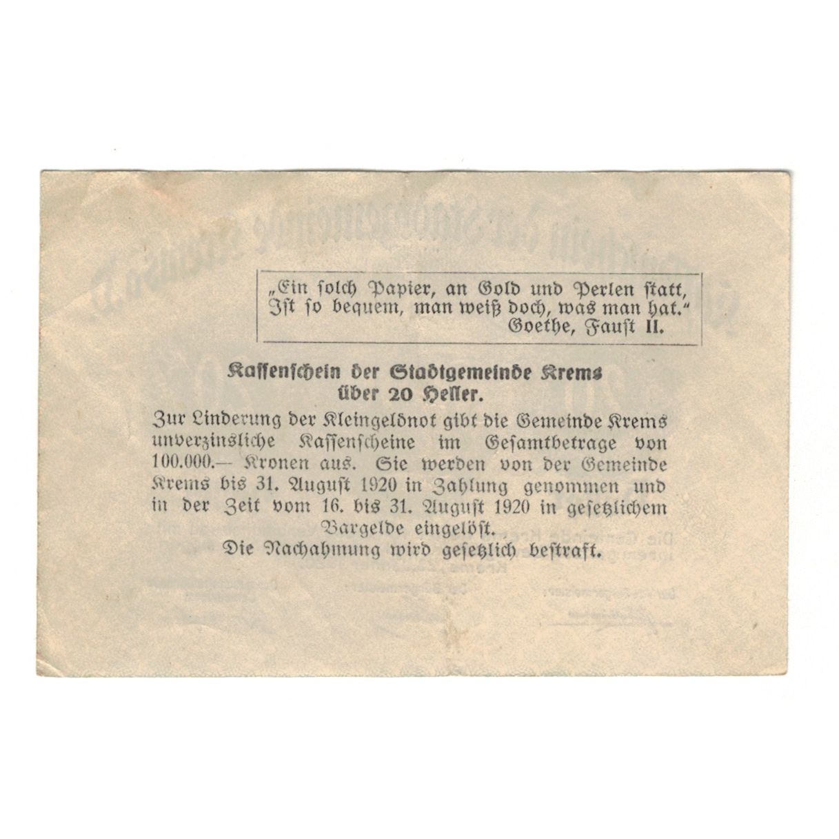 Banknote, Austria, Krems N.Ö. Stadtgemeinde, 20 Heller, Texte, 1920