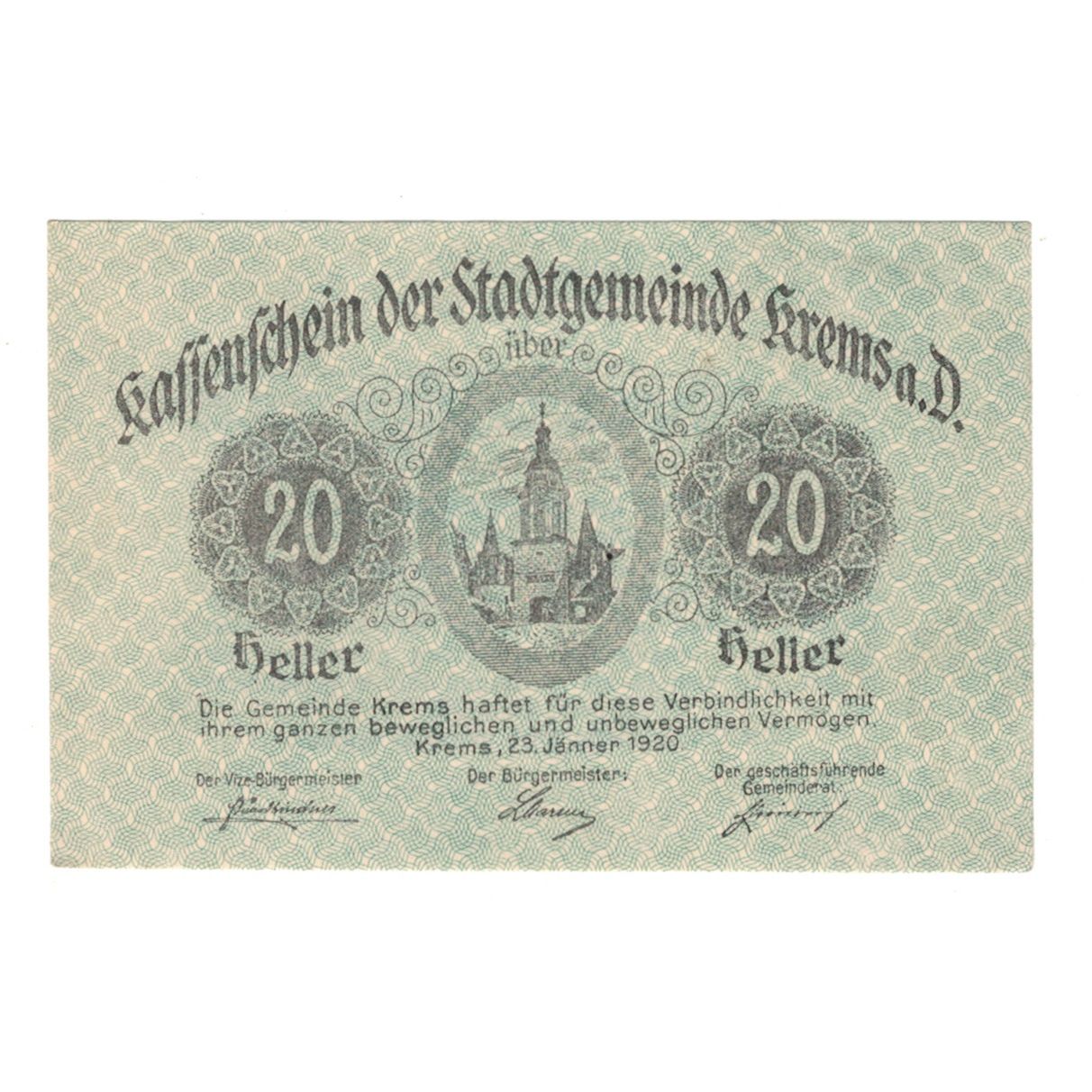 Banknote, Austria, Krems N.Ö. Stadtgemeinde, 20 Heller, texte 1, 1920