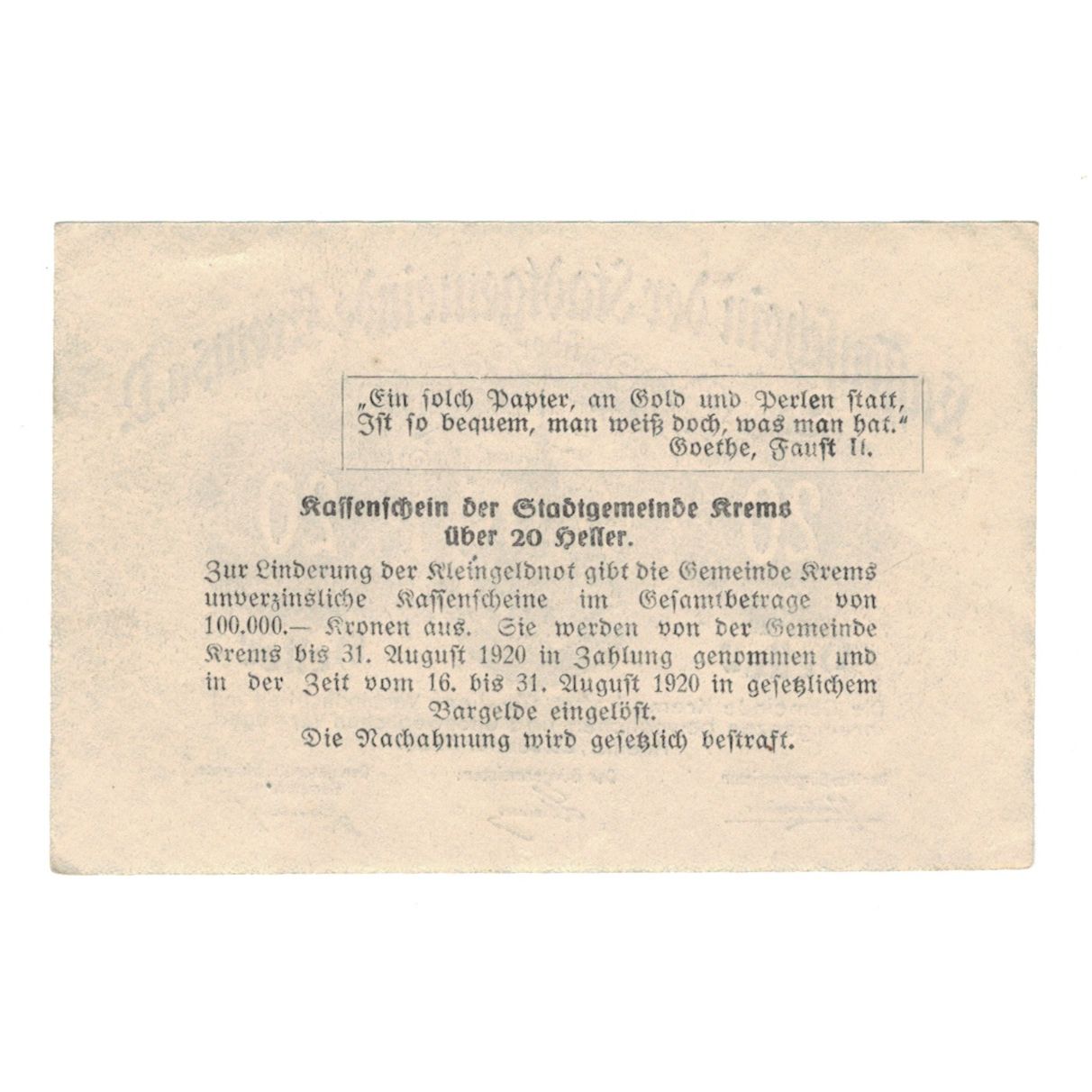 Banknote, Austria, Krems N.Ö. Stadtgemeinde, 20 Heller, texte 1, 1920