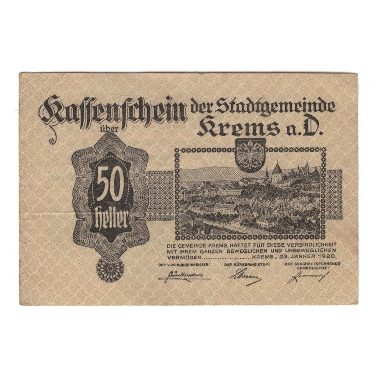 Banknote, Austria, Krems N.Ö. Stadtgemeinde, 50 Heller, Texte, 1920