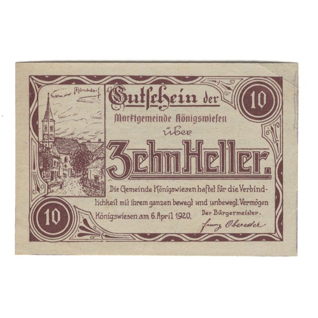 Banknote, Austria, Königswiesen O.Ö. Marktgemeinde, 10 Heller, texte 1, 1921