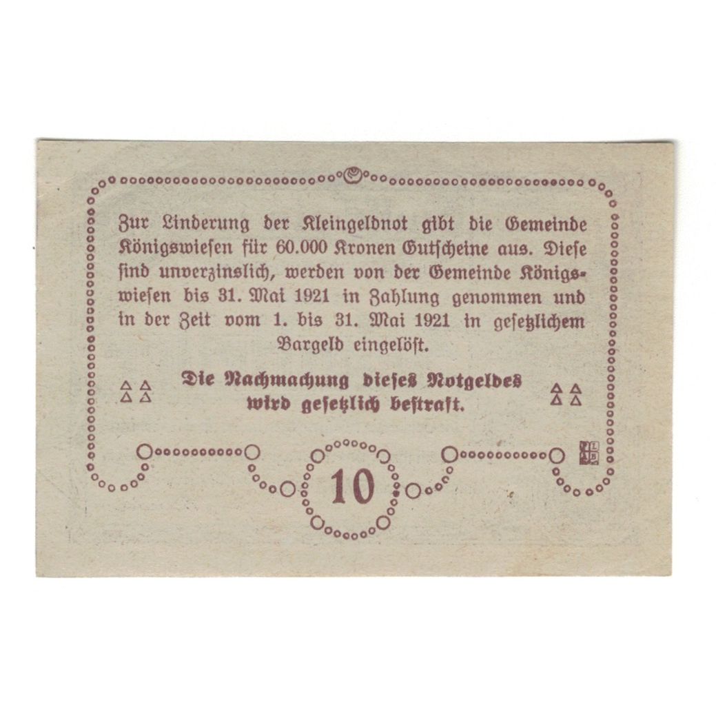 Banknote, Austria, Königswiesen O.Ö. Marktgemeinde, 10 Heller, texte 1, 1921