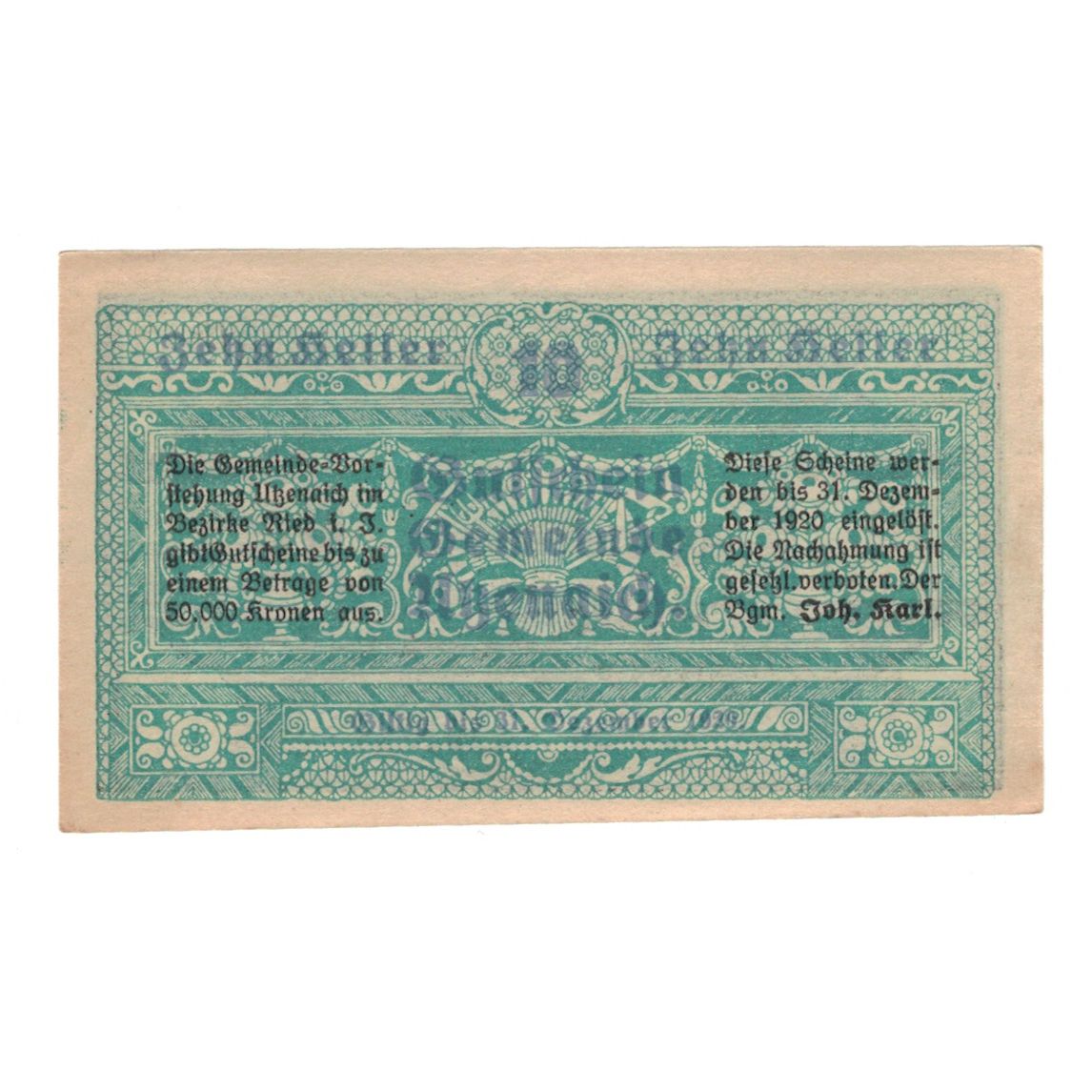 Banknote, Austria, Utzenaich O.Ö. Gemeinde, 10 Heller, Texte, 1920, 1920-12-31