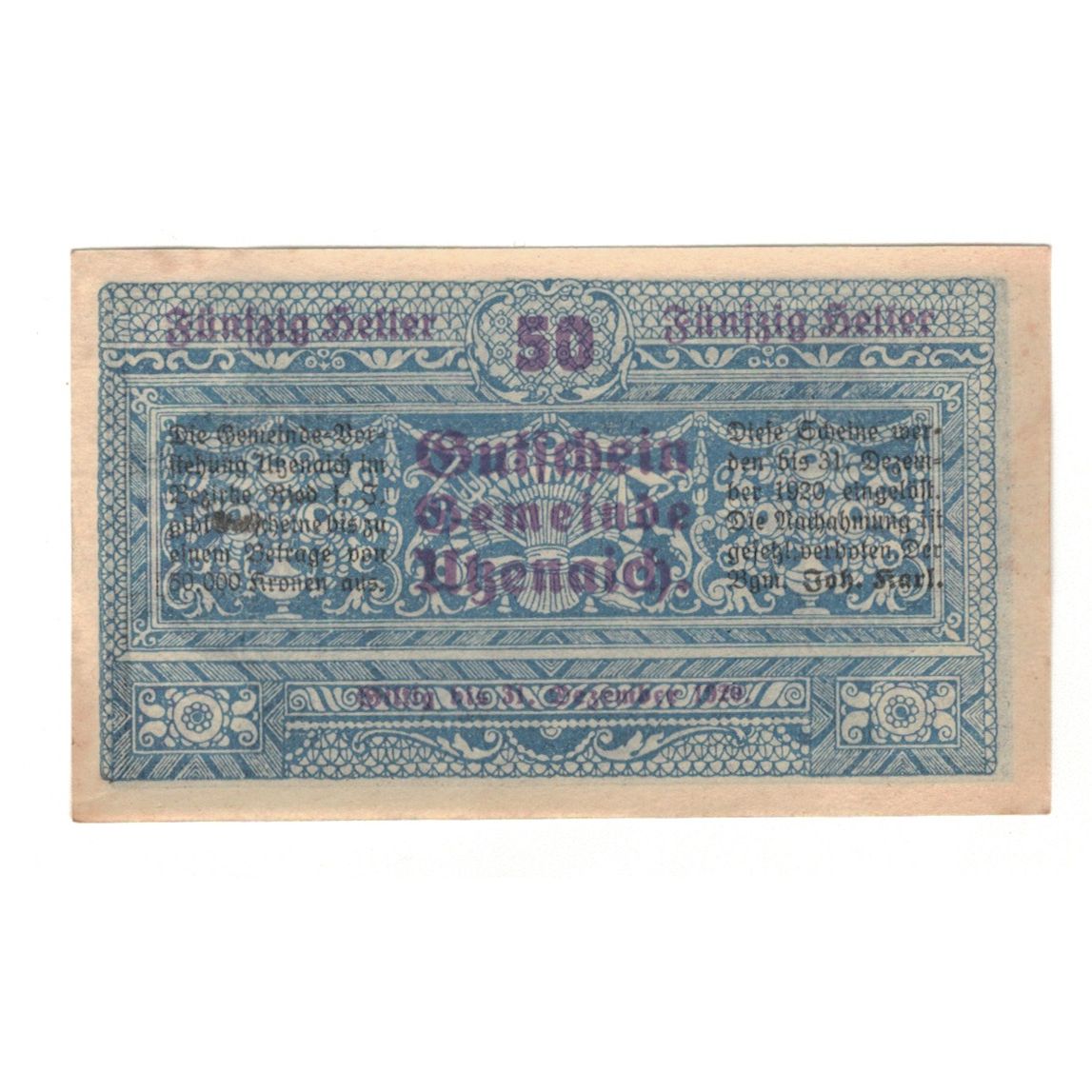 Banknote, Austria, Utzenaich O.Ö. Gemeinde, 50 Heller, Texte, 1920, 1920-12-31