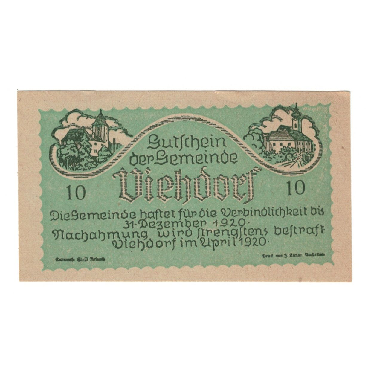 Banknote, Austria, Viehdorf N.Ö. Gemeinde, 10 Heller, Vaches, 1920, 1920-12-31