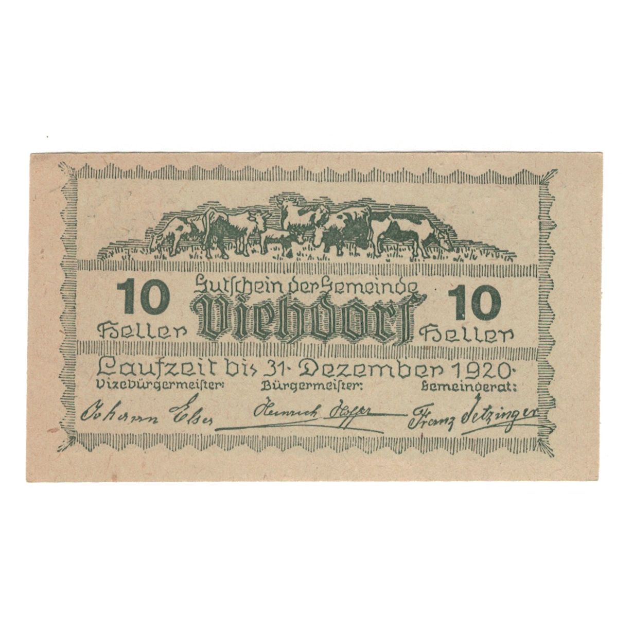 Banknote, Austria, Viehdorf N.Ö. Gemeinde, 10 Heller, Vaches, 1920, 1920-12-31
