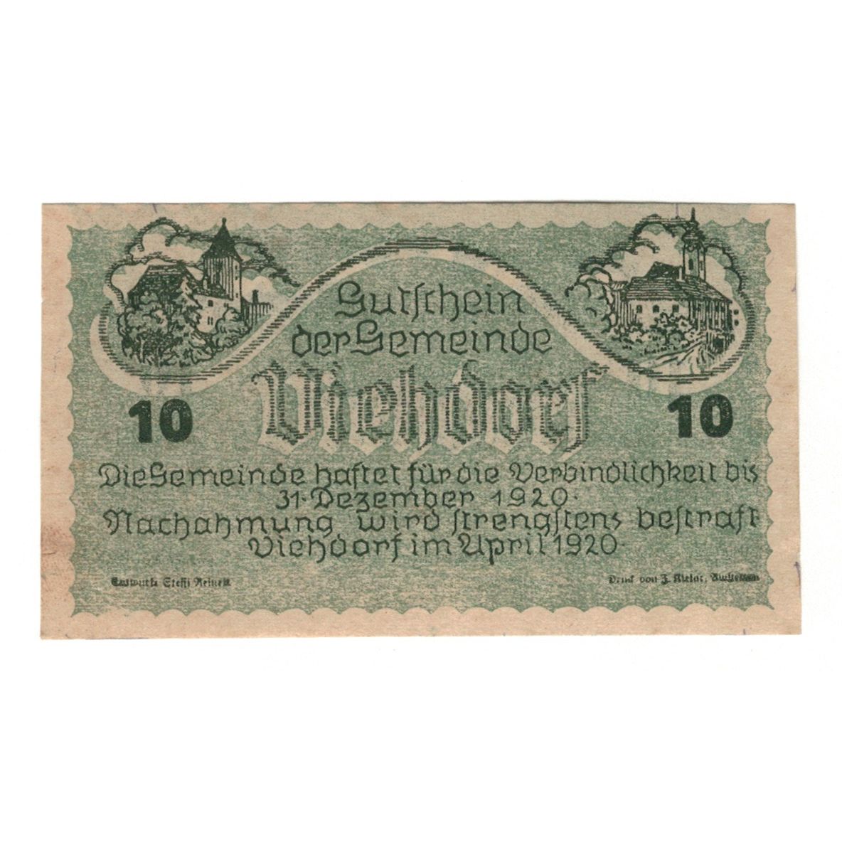 Banknote, Austria, Viehdorf N.Ö. Gemeinde, 10 Heller, Vaches 1, 1920