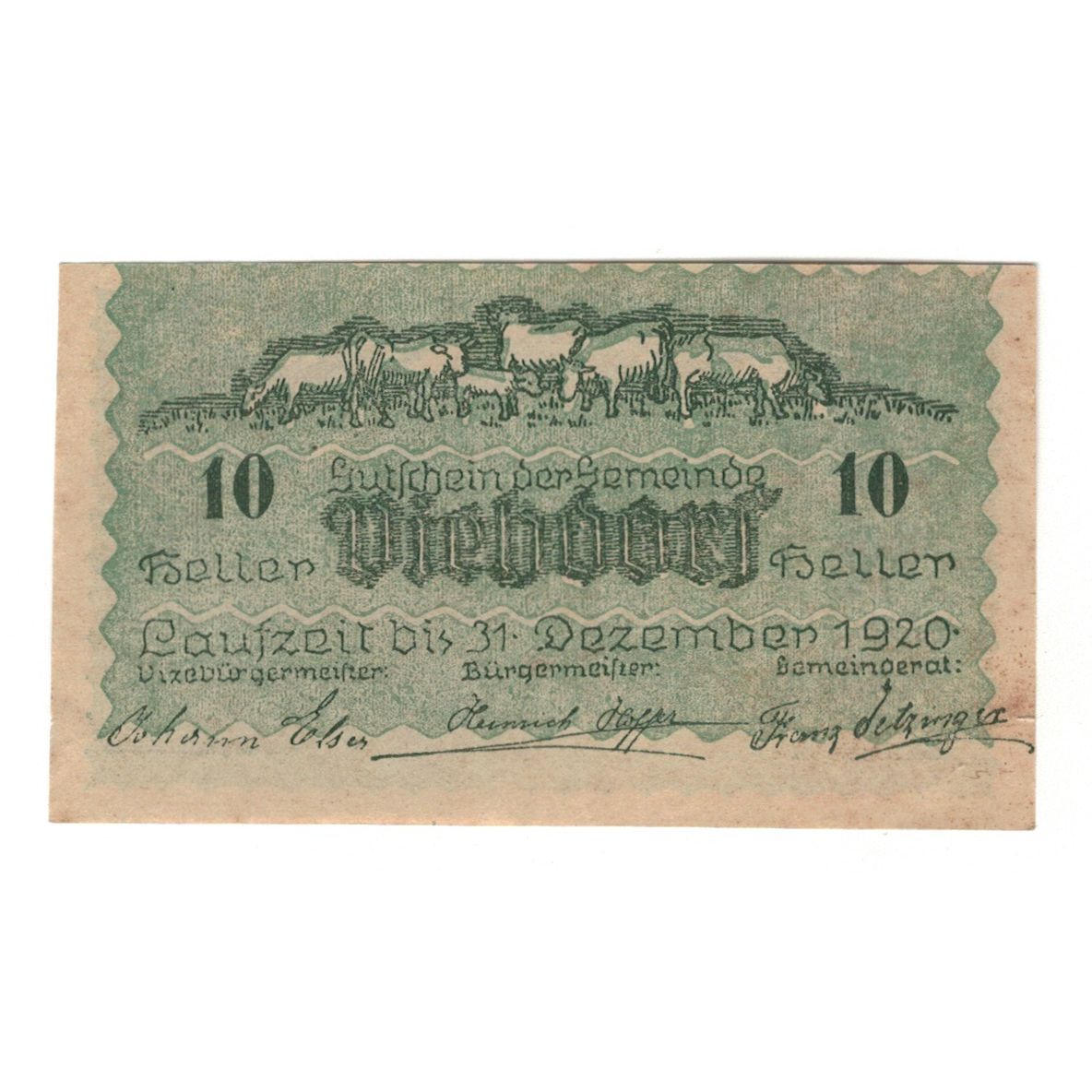 Banknote, Austria, Viehdorf N.Ö. Gemeinde, 10 Heller, Vaches 1, 1920