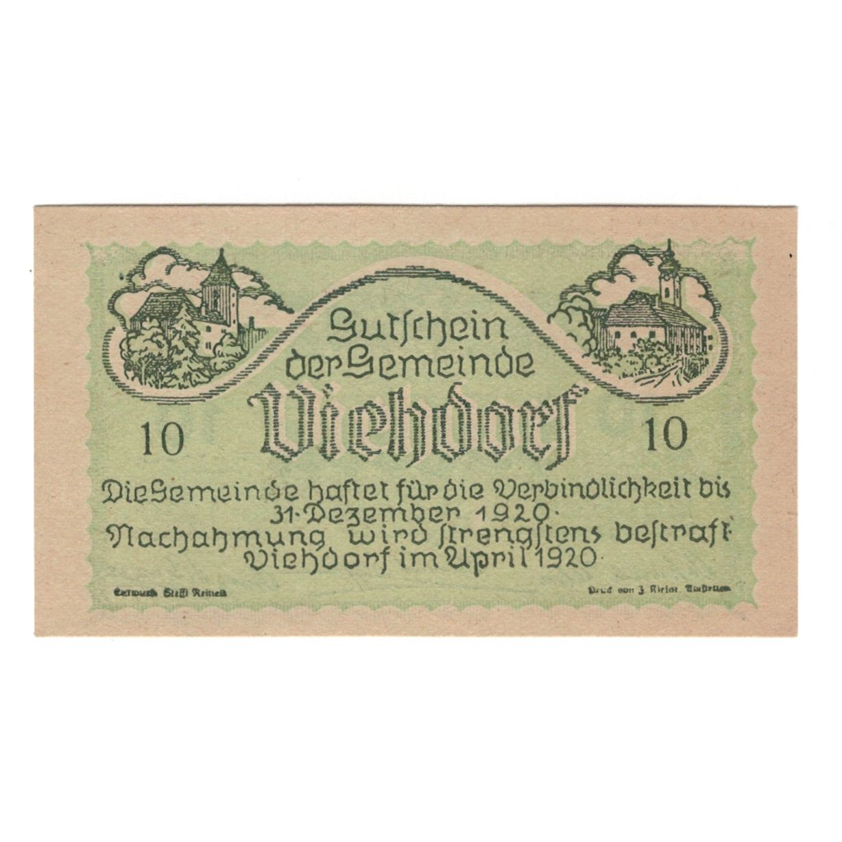 Banknote, Austria, Viehdorf N.Ö. Gemeinde, 10 Heller, Vaches 3, 1920