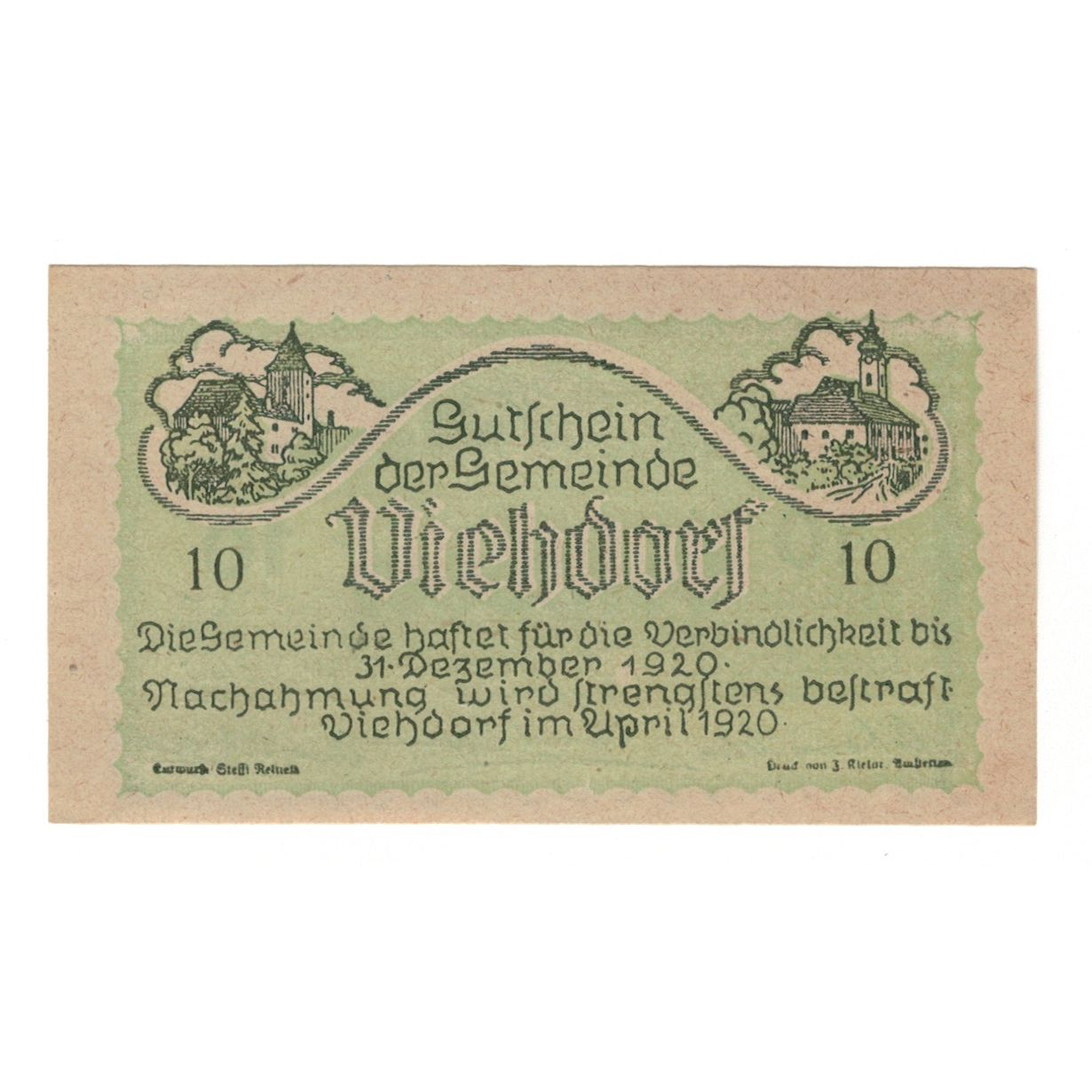Geldschein, Österreich, Viehdorf N.Ö. Gemeinde, 10 Heller, Vaches 4, 1920