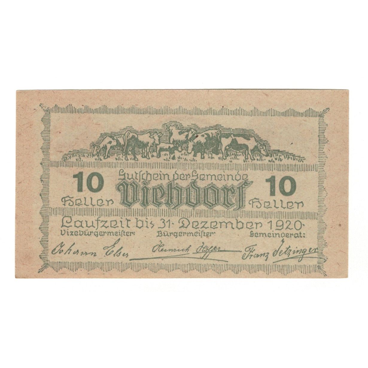 Geldschein, Österreich, Viehdorf N.Ö. Gemeinde, 10 Heller, Vaches 4, 1920
