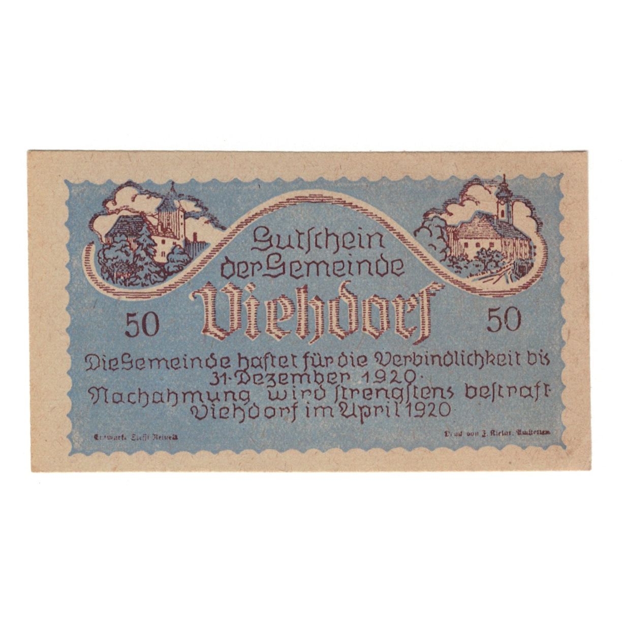 Banknote, Austria, Viehdorf N.Ö. Gemeinde, 50 Heller, Vaches 1, 1920