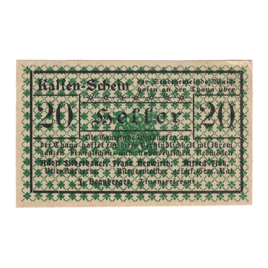 Billet, Autriche, Waidhofen An Der Thaya N.Ö. Stadtgemeinde, 20 Heller, Texte