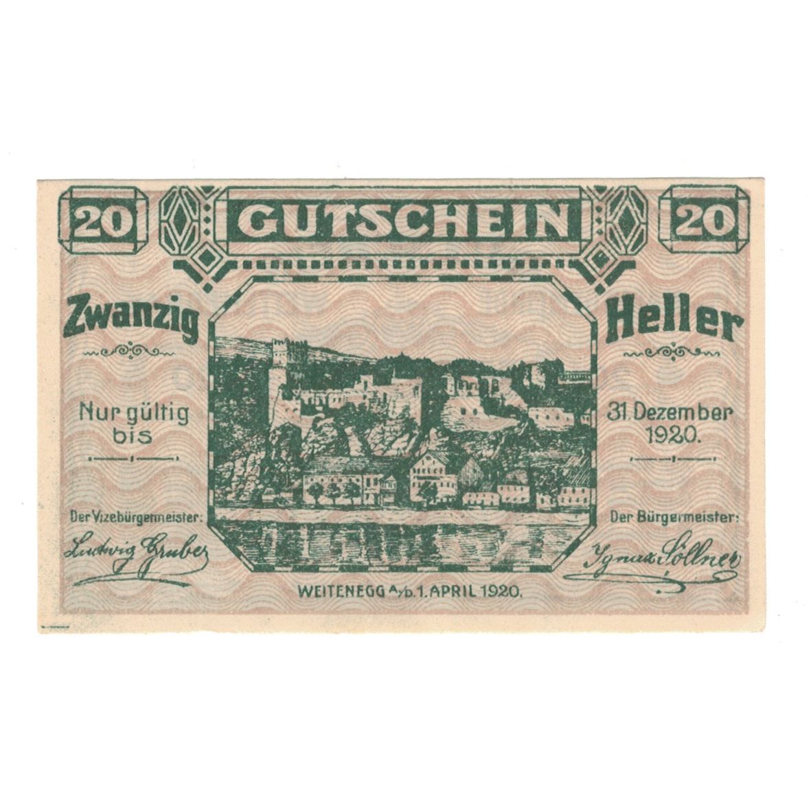 Banknote, Austria, Weitenegg N.Ö. Marktgemeinde, 20 Heller, paysage, 1920