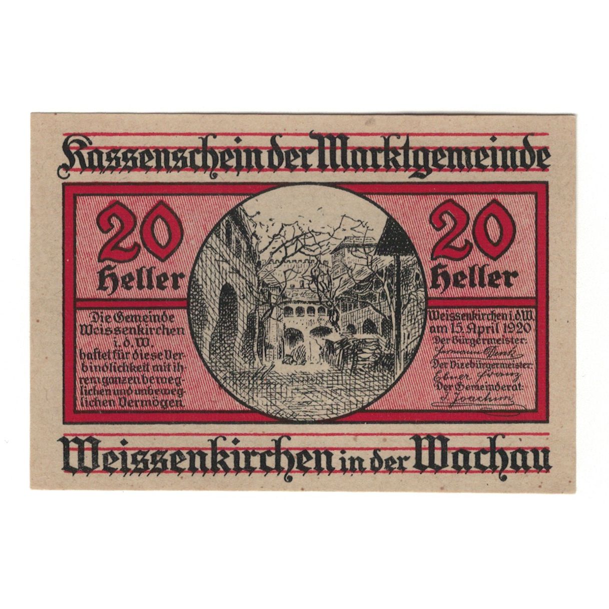 Banknote, Austria, Weissenkirchen in der Wachau N.Ö. Marktgemeinde, 20 Heller