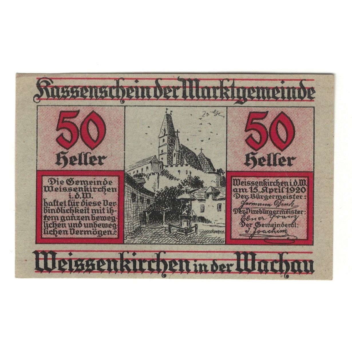 Banknote, Austria, Weissenkirchen in der Wachau N.Ö. Marktgemeinde, 50 Heller