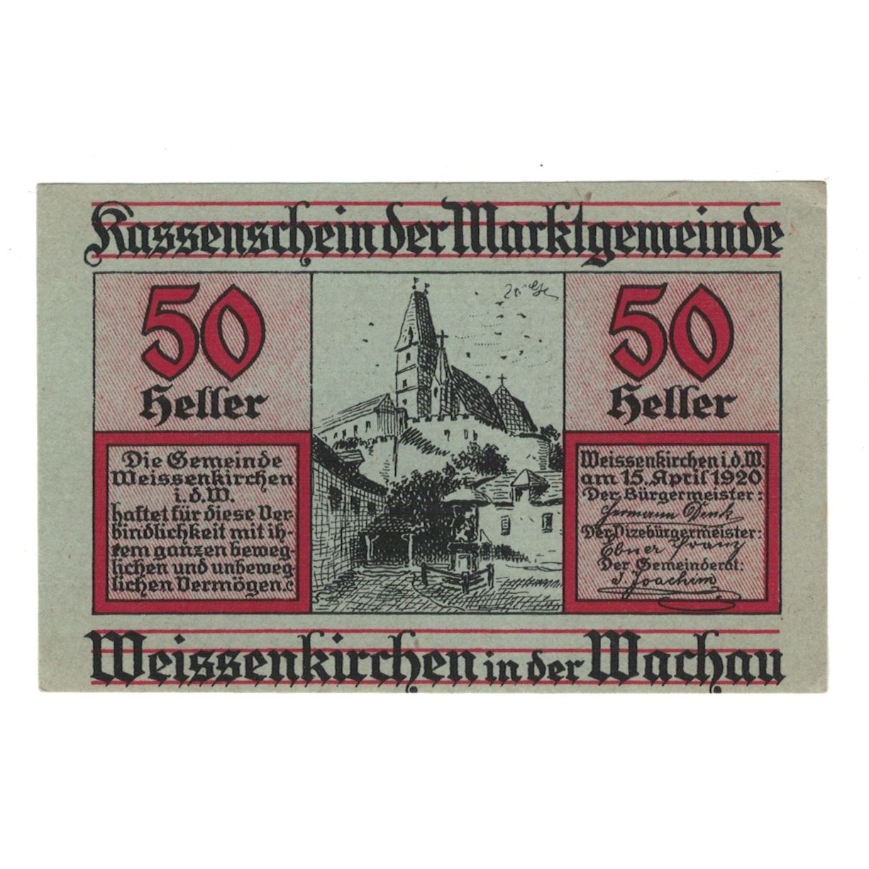 Banknote, Austria, Weissenkirchen in der Wachau N.Ö. Marktgemeinde, 50 Heller