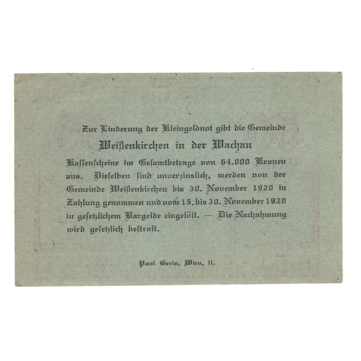 Banknote, Austria, Weissenkirchen in der Wachau N.Ö. Marktgemeinde, 50 Heller