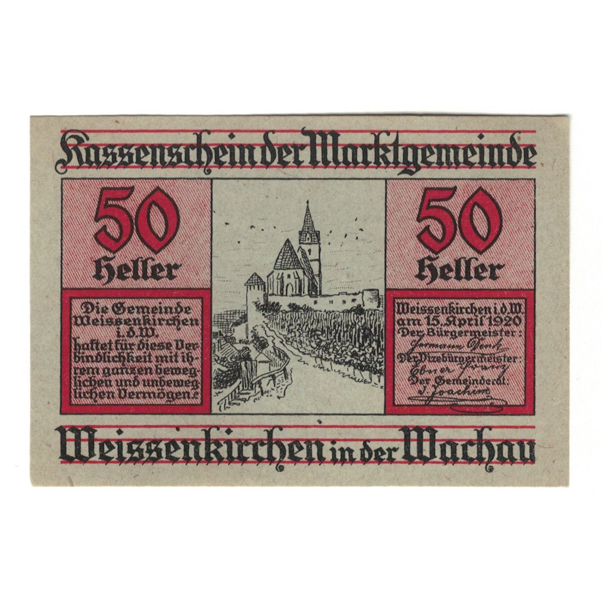 Banknote, Austria, Weissenkirchen in der Wachau N.Ö. Marktgemeinde, 50 Heller