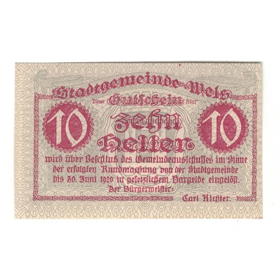 Banknote, Austria, Wels O.Ö. Stadtgemeinde, 10 Heller, Eglise, 1920